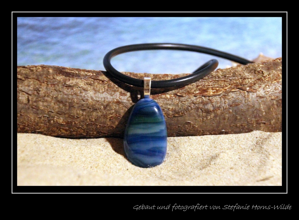 Fusingglas Anhänger, blau-grün marmoriert, oval